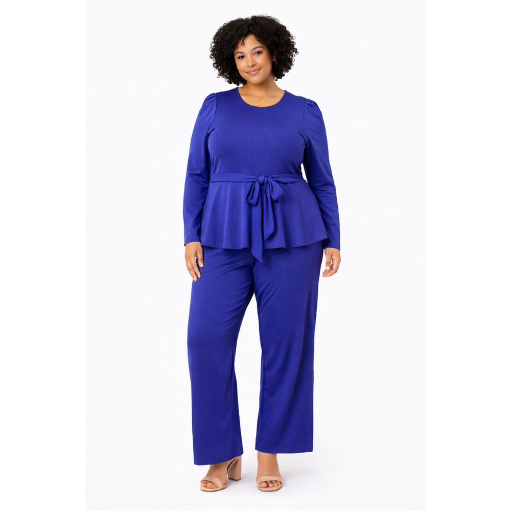 Plus Size Wide Leg Jumpsuit with Tie Waist - Royal Blue